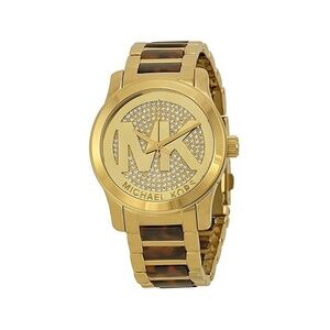 MICHAEL KORS Stainless Steel Runway Tortoise Acetate Pave Dial Two Tone Watch